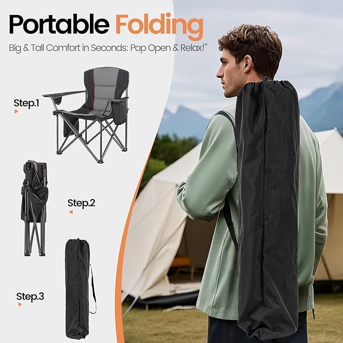2 Pack Heavy Duty Oversized Camping Chair for Adults 400lbs w/Lumbar Support - Folding Chairs with Side Pocket, Cup Holder & Cooler Bag for Beach, Fishing, Lawn, Backyard Black
