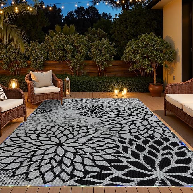 Outdoor Rug 9x12 ft with LED Light, Waterproof Reversible Outdoor Plastic Straw Rug for Patios Clearance, Large Outdoor Area Rug Carpet RV Mat for Camping Backyard Deck Porch Beach