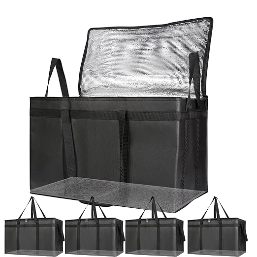 Bodaon 5-Pack Cooler Insulated Food Delivery Bag for Doordash/Uber Eats, XXX-Large Thermal Bags for Catering/Hot Pizza, Travel/Camping/Picnic Basket，Grocery Reusable Warmer Frozen, Black With Bottom