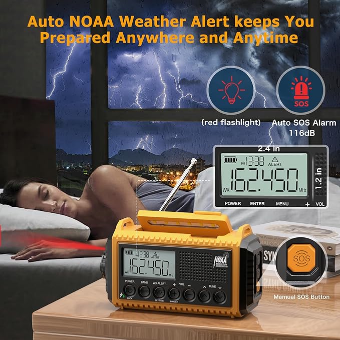 12000mAh NOAA Emergency Weather Radio, Hand Crank Emergency Radio Portable AM FM Shortwave, Solar Rechargeable Battery Powered with USB-C Charger & Adapter, SOS Alert Flashlight for Outdoors