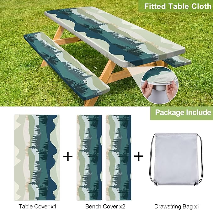 Picnic Table Cover with Bench Covers Camping Essentials Waterproof Windproof Camping Tablecloth with Drawstring Bag, Fitted Rectangle Tables and Seats, 72in, Green Blue