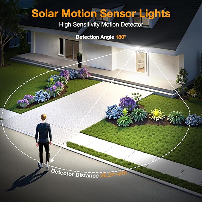 3000LM Solar Lights Outdoor, 4 Heads Solar Security Lights with Remote Control, IP65 Waterproof Motion Sensor Lights 3 Modes Flood Lights for Wall, Porch, Yard, Outside, 1 Pack
