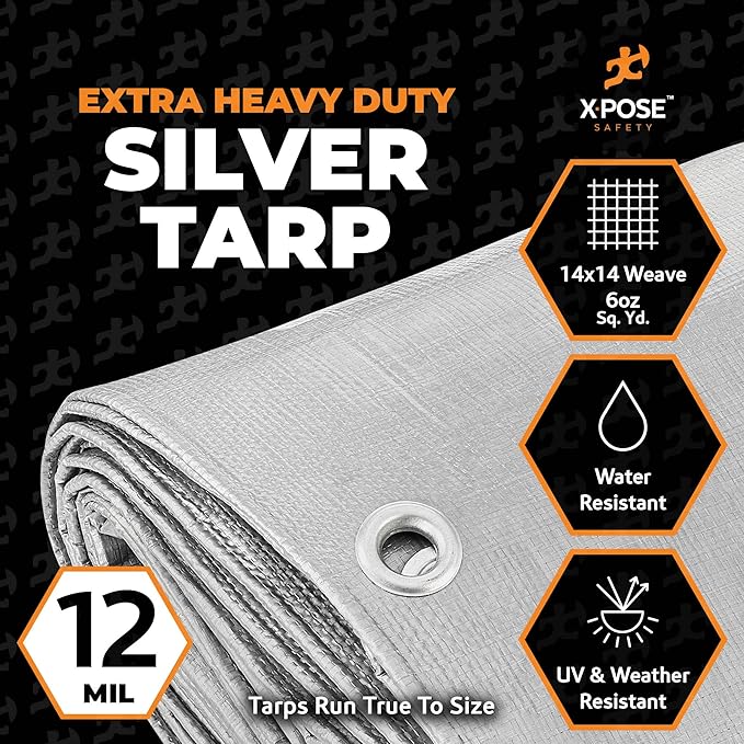 Heavy Duty Silver Poly Tarp 10' X 30' - Multipurpose Protective Cover - Durable, Waterproof, Weather Proof, Rip and Tear Resistant - Extra Thick 12 Mil Polyethylene - by Xpose Safety