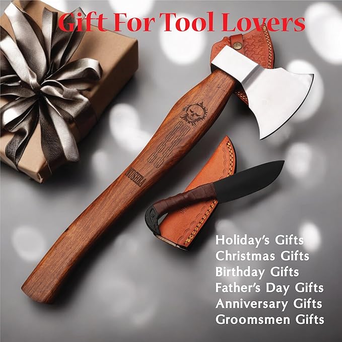 Bearded Viking Axe with Gift Viking Knife Also Leather Sheath | HandForged Carbon Steel bushcraft Hatchet | Vikings Heaven Valhalla (Throwing, Camping, Splitting, Chopping, Hiking) (Axe - 01)