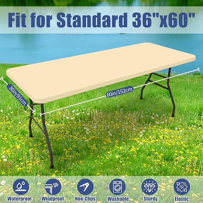Spandex 5 Foot Rectangle Table Cloth 2 Pack, Elastic Fitted Tablecloths for Picnic, Stretch Washable Patio Table Cover for Outdoor, Camping, Banquet and Parties (Champagne, 36"x60")