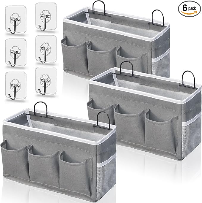 2pcs 3-pockets Large Wall Hanging Organizer Bag, Linen Fabric Door Hanging Storage Baskets with Pockets, Waterproof Bin for Kitchen, Bedroom, Office, RV Camper (Gray-3pcs)