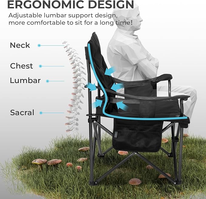 FUNDANGO Oversized Camping Chair for Adults, 2 Pack, Heavy Duty Foldable Portable Lawn Chair with Padded Seat & Back, Lumbar Support, 4-can Cooler & Cup Holder, Carry Bag Included for Outdoor (Black)