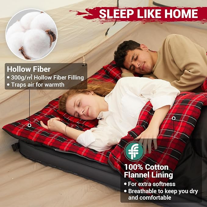 KingCamp Double Sleeping Bag for Adults, Queen Size 2 Person XXL Flannel Sleeping Bag, Waterproof Lightweight Flannel Quilt with 2 Pillows, Perfect for Couples Family Camping Hiking