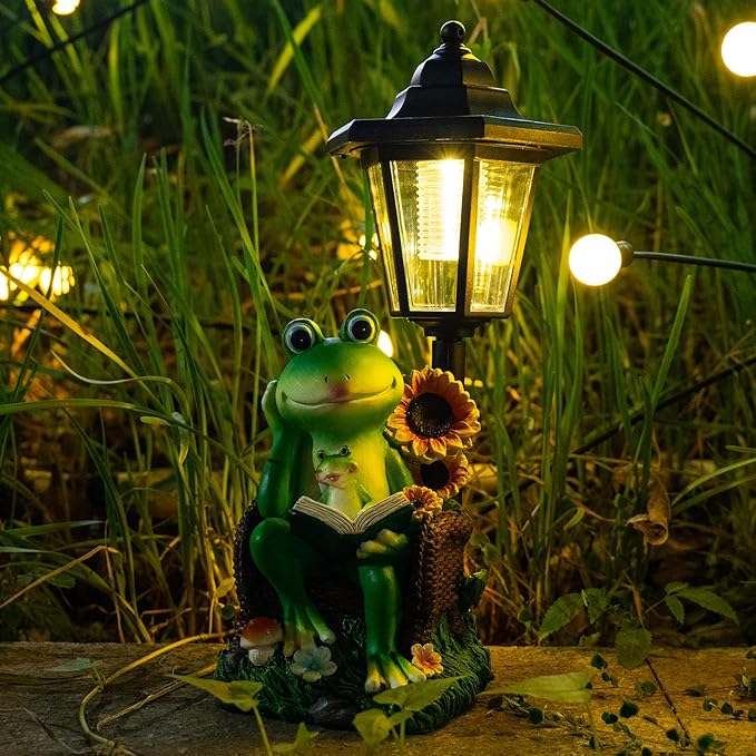 mopha Solar Garden Statues Frog Decor wth Lanterns - 12.5'' Figurines Decorations for Patio Yard Lawn Ornaments Gifts for Christmas Birthday Easter Housewarming