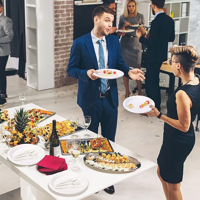 Gezond Compostable Paper Plates 250pcs Disposable Plates Heavy-Duty Paper Plates Biodegradable White Plates for Party Sugarcane Plates Cornstarch Forks Knives Spoons for 50 Guests