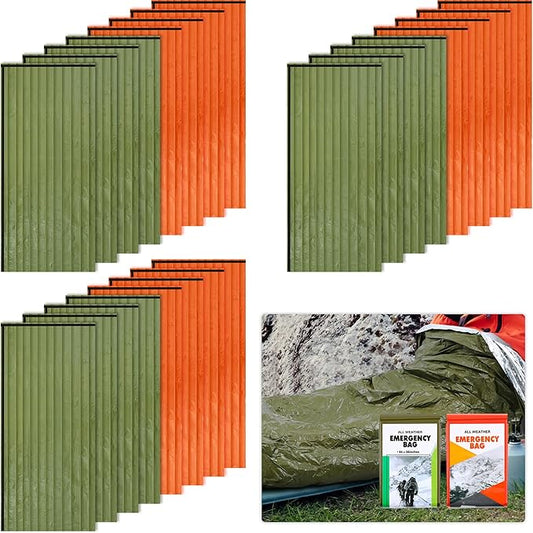Preboun 20 Pcs Emergency Sleeping Bag Portable Lightweight Survival Bag Thermal Bivy Sack Waterproof Emergency Blanket Survival Gear for Outdoor Camping Hiking Homeless People Shelter (Orange,Green)