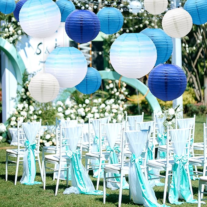 14 PCS Paper Lanterns, Gradient Colorful Blue Round Paper Lanterns Decorative Lantern Lamps, Hanging Paper Lanterns Chinese Tissue Paper Lanterns Indoor Room & Outdoor Party Supplies Decoration