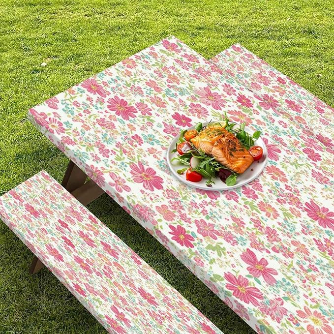 CAPSCEOLL Elastic Picnic Table Cover with Bench Covers 5Ft Waterproof Fitted Picnic Table Cover Cloths for Outdoors Camping Tablecloth with Drawstring Bag, 60X30in, Pink Flowers