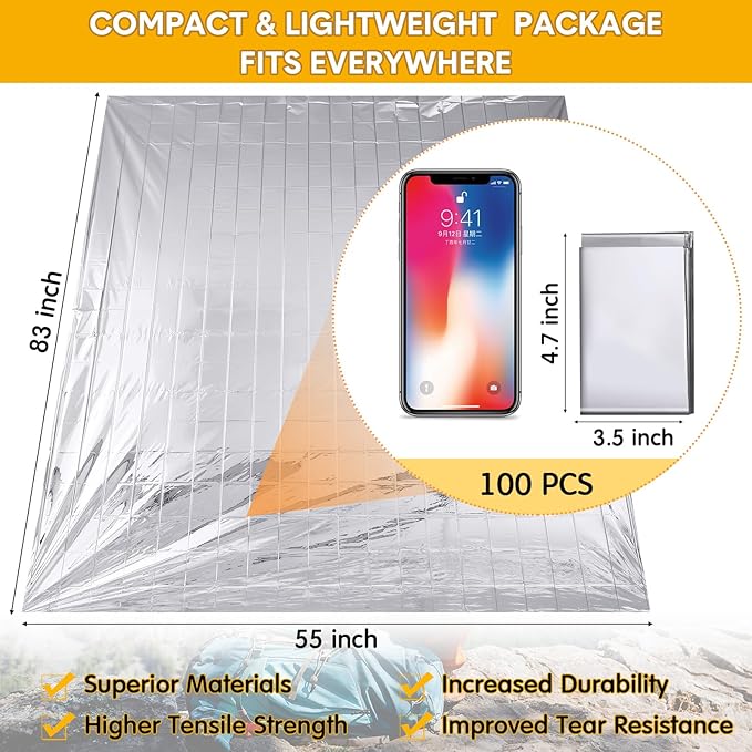 100 Pcs Emergency Blankets for Survival 83 x 55 Emergency Foil Thermal Reflective Space Blanket Bulk Waterproof Individually Wrap Survival for Car Camping Outdoor Homeless