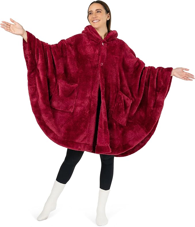 PAVILIA Angel Wrap Hooded Blanket Poncho, Wearable Blanket Throw Wrap Poncho for Women Adult, Cozy Fluffy Sherpa Fleece Shawl Cape with Hood pockets, Warm Gift for Mom Wife, Wine Red