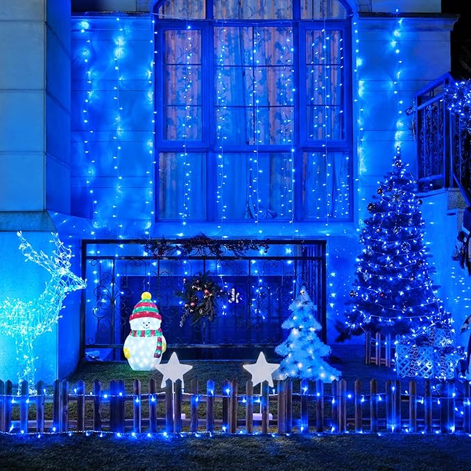 JMEXSUSS 300LED Christmas Curtain Lights, Blue Christmas Lights with Remote, Blue String Lights for Bedroom Wall Window Backdrop Garden Indoor Outdoor Patio Yard Porch Decorations, 9.8x9.8ft