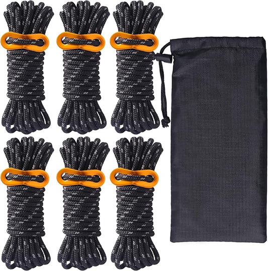 Hikeman 6 Pack 4mm Outdoor Guy Lines Tent Cords Lightweight Camping Rope with Aluminum Guylines Adjuster Tensioner Pouch for Tent Tarp, Canopy Shelter, Camping, Hiking, Backpacking