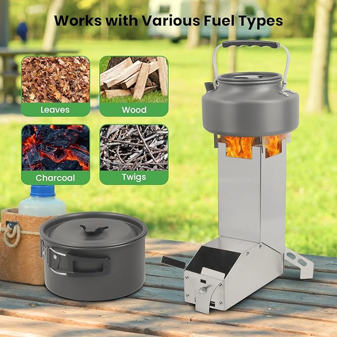 GEEKHOM Rocket Stove Portable Camping Stove - Mini Stainless Steel Folding Wood Burning Stove w/Storage Bag & Gloves | Efficient for Camp, Picnic, Hunting, Fishing, BBQ