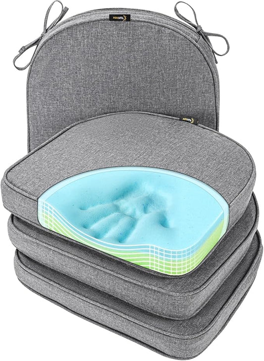SUNROX Gel Memory Foam Chair Cushion with Ties, Ultra Durable Water Resistant FadeShield Outdoor/Indoor Reversible Chair Seat Cushion 17 x 16 inch Set of 4, Heather Charcoal