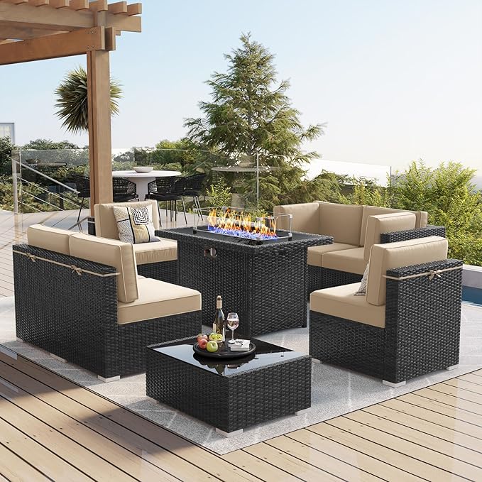 LayinSun 8 Piece Patio Furniture Set with 44" Propane Gas Fire Pit Table, Outdoor Sectional Conversation Set Wicker Rattan Sofa Set with Coffee Table