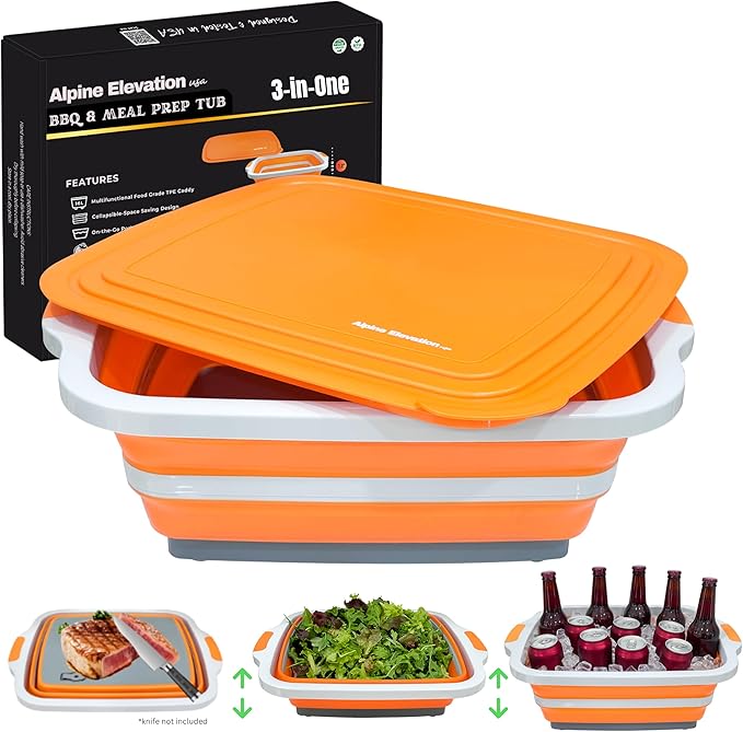 Collapsible X-Large (16L) BBQ Marinating Tub w/Cutting Board | Multipurpose Food-Grade TPE Prep Tub w/Lid | Built-in Colander & Drain Plug - for Camping | Tailgate | Picnic - Bold Orange