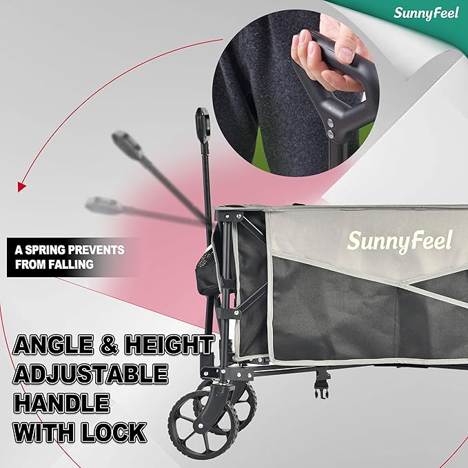 SunnyFeel Heavy Duty Collapsible Outdoor Utility Wagon Cart 400LB Capacity Adjustable Handlebar,Foldable Beach Wheels Stable Durable Oxford Fabric for Shopping Garden Camping (Black & Grey)