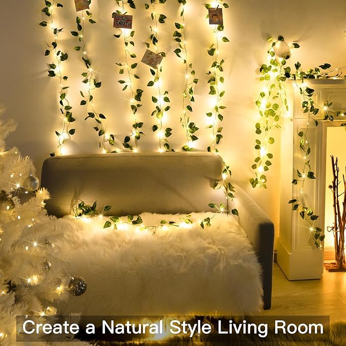 suddus Vine with Fairy Lights Battery Operated, 33ft100 LED Pothos String Lights with Remote, Leaf Lights for Bedroom, Room, Wall, Garden, Party, Wedding Decor(Warm White)