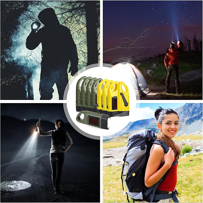 Leelosp 9 Pieces Hand Crank Flashlight Solar Powered Flashlight for Emergencies Dynamo Rechargeable LED Survival Light for Outdoor Sports Hiking Camping(Green,Yellow)