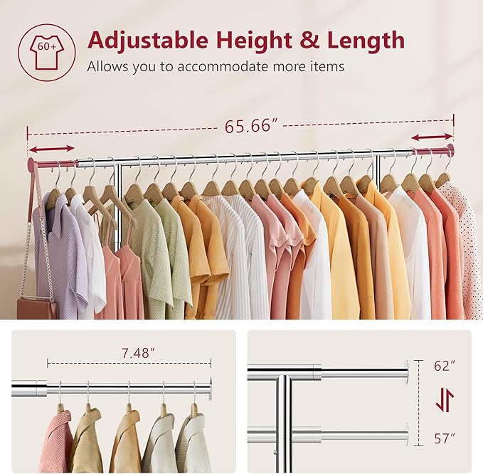 Tajsoon Heavy Duty Clothes Rack Foldable Garment Rack with Wheels and Extendable Rod, Freestanding Clothing Rack for Hanging Clothes, Adjustable ＆ Collapsible Rolling Racks with Bottom Shelf, Chrome