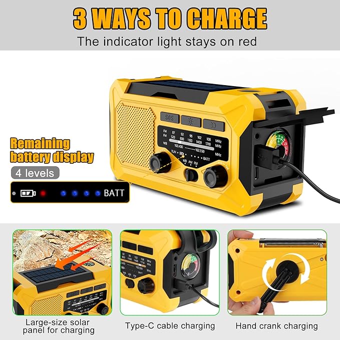 10000mAh Emergency Hand Crank Radio with LED Flashlight, AM/FM NOAA Portable Weather Alert Radio, Solar Powered with Phone Charger, USB Charged, Headphone Jack, SOS Alarm, Compass (Yellow)