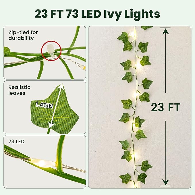 HEYFUNi Vines with Lights, 23 Ft 73 Led Fake Ivy Vines with Fairy Lights USB/Battery Operated, Leaf String Lights for Bedroom, Wall, Balcony, Wedding Decor, Warm White
