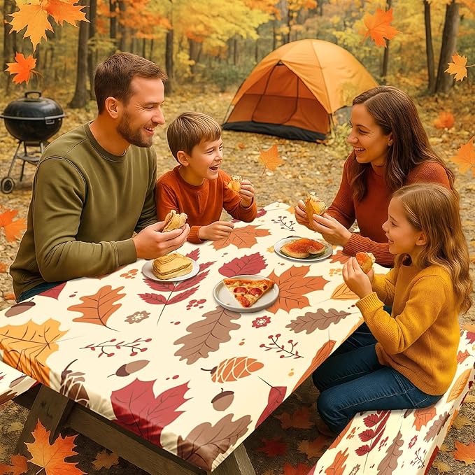 Picnic Table Cover with Bench Covers Elastic Edges, Autumn Fall Fitted Table Cover, Outdoor Patio Camping Essentials 72 Inch 3PCS, Waterproof Camping Fitted Tablecloth with Drawstring Bag