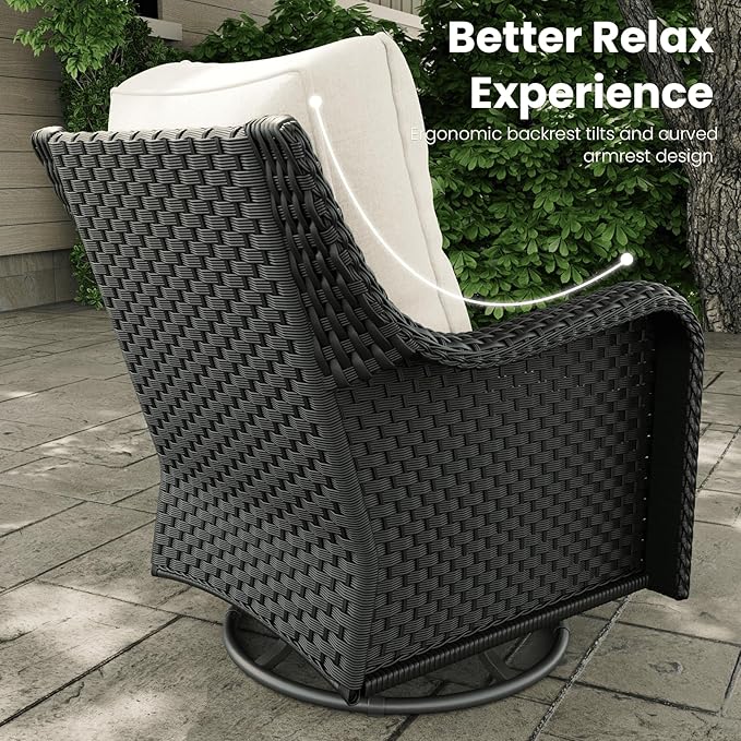 7 Pieces Outdoor Patio Furniture Sets with Rocking Swivel Chairs with 6-inch Thick Cushion and Fire Pit Table for Deck Lawn