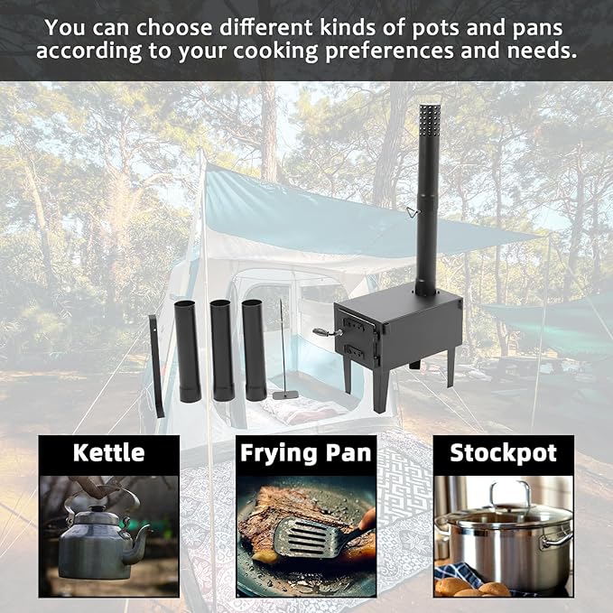 KUAFU Wood Burning Stove Tent Camping Stove for Outdoor Cooking Fishing Hiking Travel Portable Heater with Storable Chimney Pipes