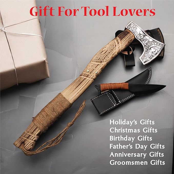 Viking Axe with Gift Viking Knife Also Leather Sheaths, Carbon Steel, Carved Wooden Handle, Bearded Heaven Hatchet for Camping, Throwing, Survival, Splitting, Felling, Chopping, Hiking (Axe - 02)