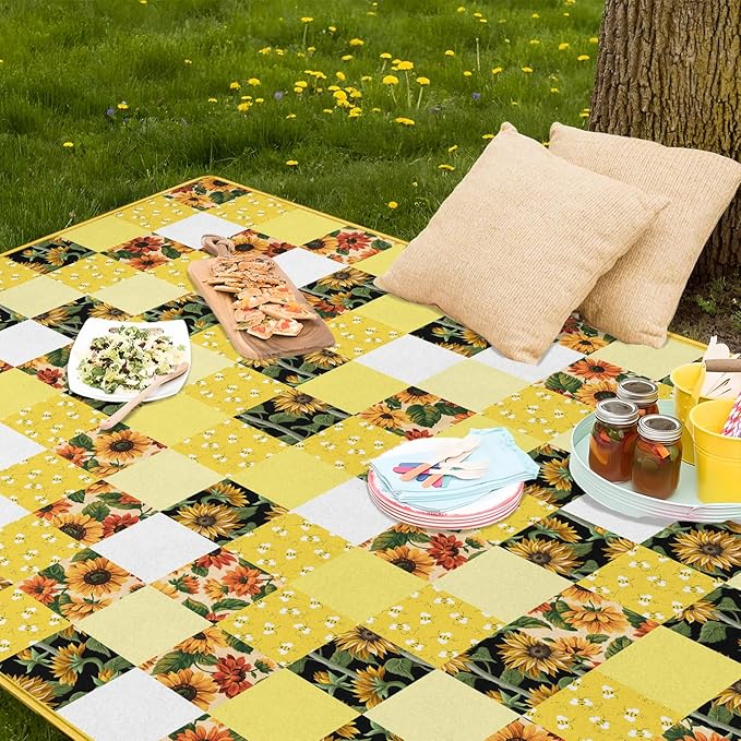 Checkered Picnic Blankets Waterproof Foldable, 60″X80″Sunflower Picnic Mat Outdoor Blanket for Grass, Cute Bee Thick Beach Blanket Sandproof Picnic Accessories for Camping Party Park Patio