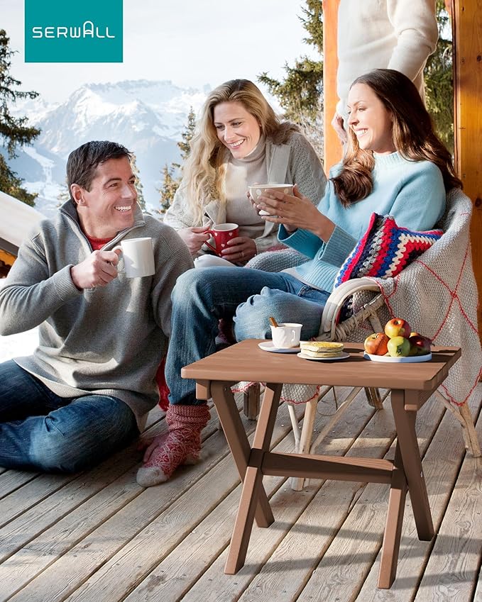 SERWALL Folding Outdoor Side Table, HDPE Adirondack End Table, No Assembly Required Small Table for Indoor and Outdoor Use, Brown