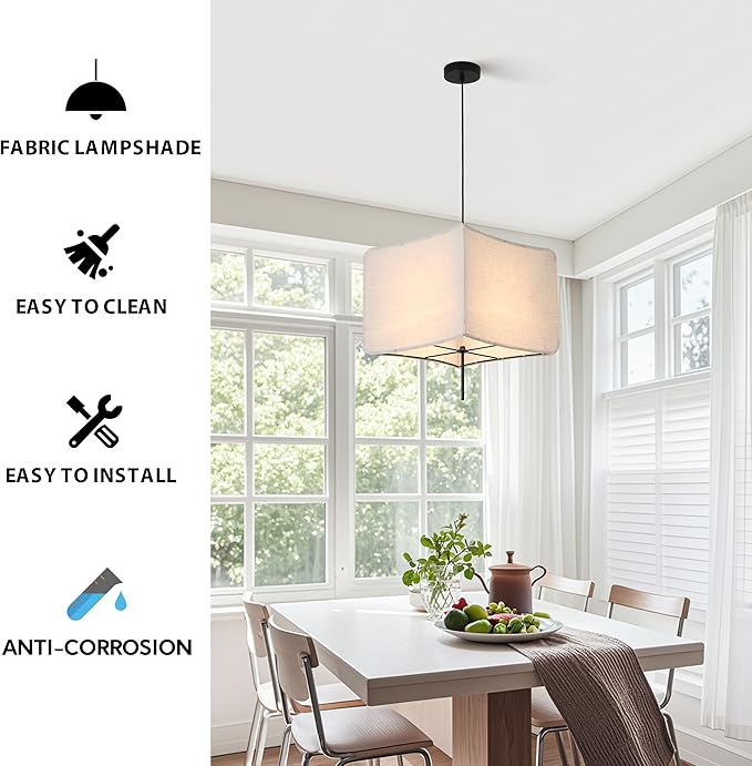 Modern Square Linen Fabric Pendant Light - 74.8??x 14.17??x 14.17?? Adjustable Hanging Light Fixture, E26 Socket (No Bulbs), Minimalist, for Kitchen, Dining Room, Bedroom, Living Room,Corner