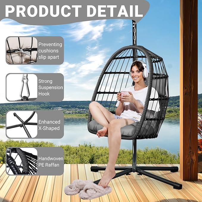 LEVELEVE Egg Chair with Stand,Patio Rattan Wicker Hanging Swing Egg Chair Hammock Chair for Bedroom Porch Garden,Thickened Aluminum Alloy Steel Frame and UV Resistant Cushion,350LBS Capacity