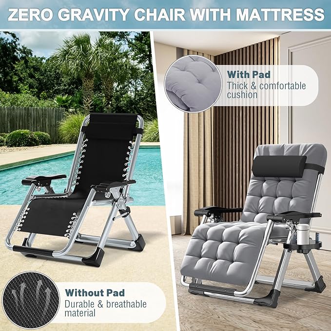 ABORON Zero Gravity Chair,Premium Outdoor Lawn Folding Lounge Chairs,Sturdy Adjustable Reclining Patio Chairs with Removable Cushion,Headrest & Tray