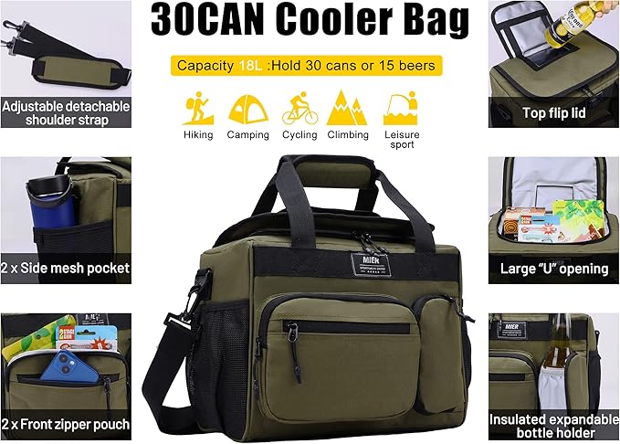 MIER Leakproof Insulated Cooler Lunch Bag for Adult Men Women 30 Can Cooler Bag with Top Flip Lid, 18L, Multiple Pockets (Dark Green-No Luggage Strap)