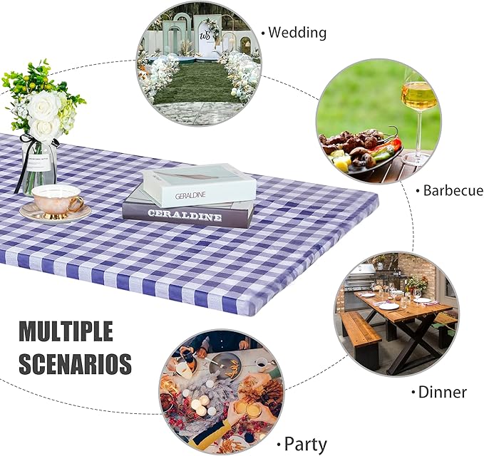 Fitable Checkered Picnic Table Cover Waterproof - 30"x72" - Vinyl Fitted Tablecloth with Flannel Backing Outdoor Tablecloth for Camping, Travel, Holiday, Party, Folding Table, Navy