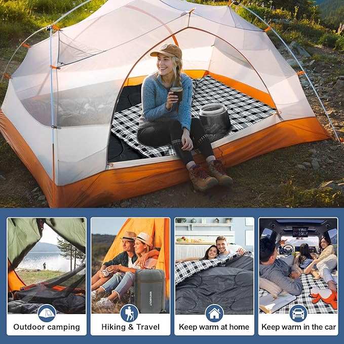 Double Sleeping Bag for Adults Machine Washable 2 Person Camping Sleeping Bag Queen Size Waterproof with Compression Sack for Cold Weather 3-4 Seasons