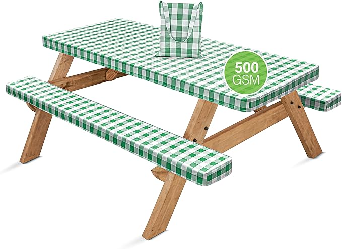 Hudson Comfort Picnic Table Cover with Bench Covers – 500 GSM Reusable Heavy Duty Vinyl Outdoor Table Cover - Waterproof Picnic Tablecloth with Carry Case (Green, 72x30 Inch) (6 Feet Long)