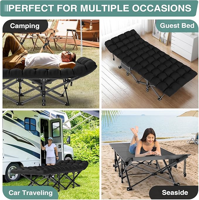 ZENPETIO Camping Cot for Adults, Heavy-Duty Portable Cot Bed with Mattress, Foldable Padded Sleeping Cots for Camping Travel Tent Day Bed Outdoor & Home Guest, Max Load 500 LBS, 75x28x15”