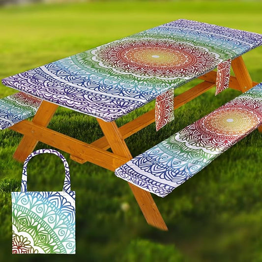 Picnic Table Cover with Bench Covers Vinyl Elastic Edges Fitted Rectangle Seat Tables Waterproof 3-Piece72X30in Set Outdoor Rectangular Folding Backing Tablecloth for Camping Over SizeTie-Dye103