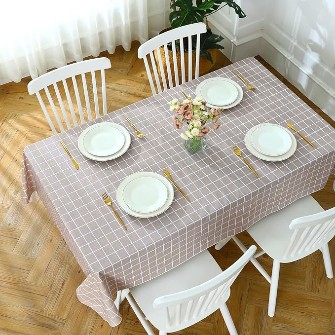 Romanstile Rectangle Plastic Tablecloth, 100% Waterproof Oil-Proof Checkered PVC Table Cloths, Heavy Duty Vinyl Table Covers for Dining, Camping, Picnic, Outdoor - 60 x 84 Inch, Sand