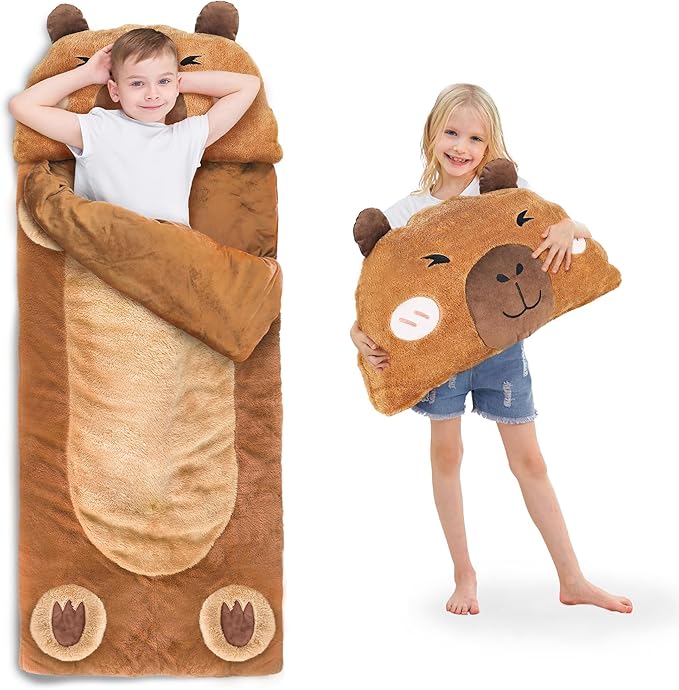 iPlay, iLearn Kid Sleeping Bag, Plush Capybara Slumber Bag, Toddler Girl Boy Nap Mat, 2 In 1 Brown Animal Pillow, Happy Travel Sleepover Daycare Preschool Birthday Gift for Age 3 4 5 6 7 8 10 12 Child