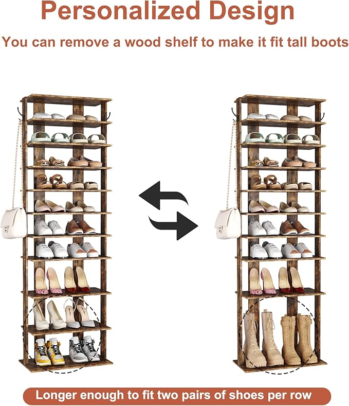 HOMEFORT 10-Tier Vertical Shoe Rack, Corner Shoe Tower, Double Rows 10 Tiers Shoe Shelf, Slim Shoe Storage Unit for 20 Pairs of Shoes, Shoe Stand for Entryway, Hallway, Closet (Rustic Brown)