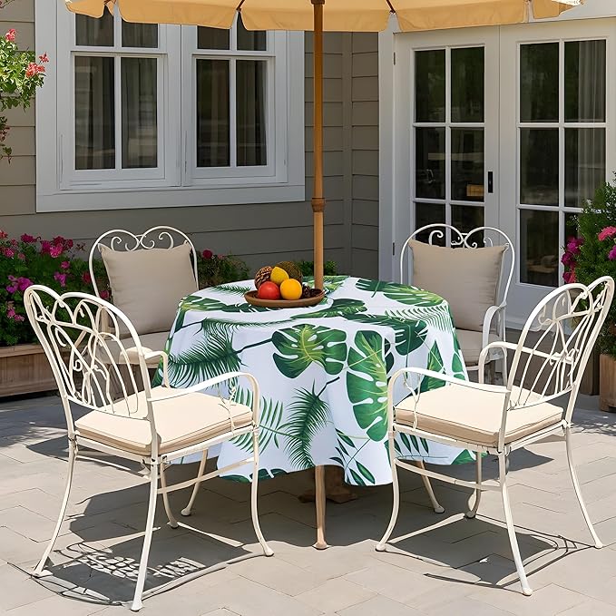 SquarePie 52'' Round Outdoor Tablecloth with Zipper and Umbrella Hole, Waterproof Spillproof Zippered Table Cloth Cover for Picnic Patio Family Gatherings, Palm Leaf